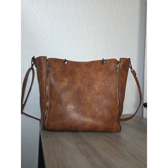 Sam & Hadley Brown Faux Leather Double Zip Studded Design Shoulder Tote Bag - Picture 2 of 4